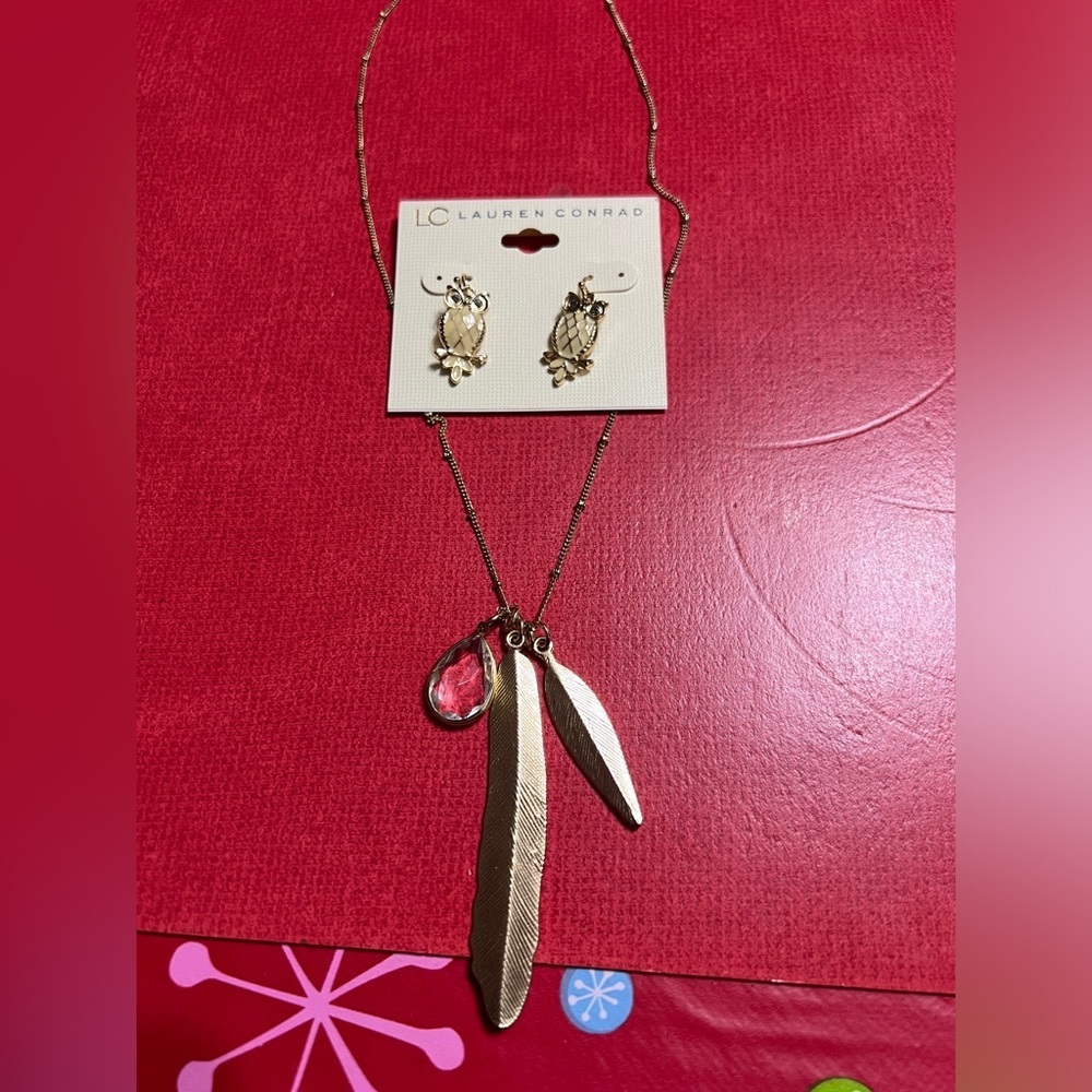 Bundle of LC Lauren Conrad Owl Earrings and Feather Necklace
